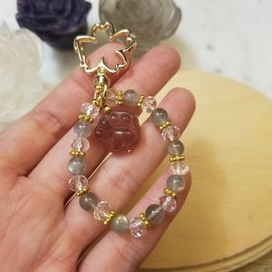 Crystal sakura keychain clear quartz labradorite with strawberry quartz paw char